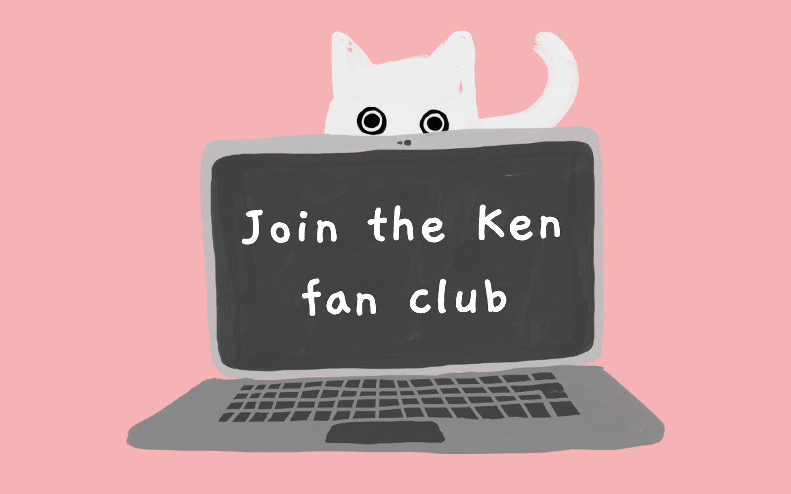 Ken the Cat peering behind laptop screen - join the Ken fan club on pink background