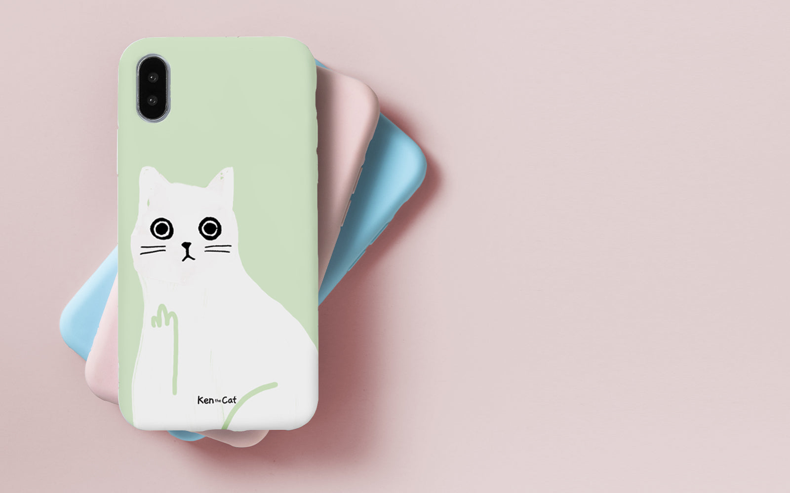 Ken the Cat phone cases selection green blue and pink