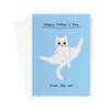 Ken the cat Father&#39;s Day card - Happy Father&#39;s Day From the Cat - Ken sitting sprawled with legs up on blue background