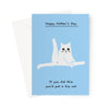 Ken the cat Father&#39;s Day card - If you did this you&#39;d put a hip out - Ken sitting  with one leg up on blue background
