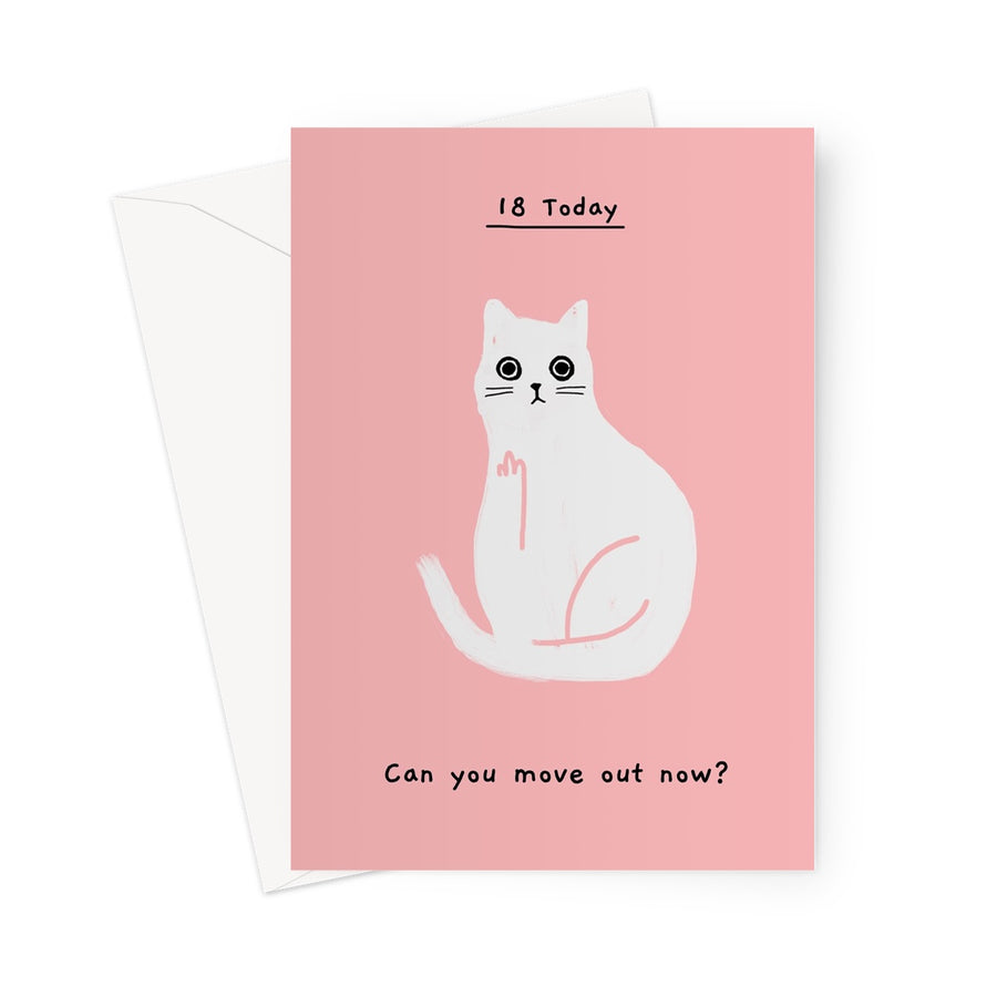 Ken the Cat funny 18th birthday card in pink - move out now
