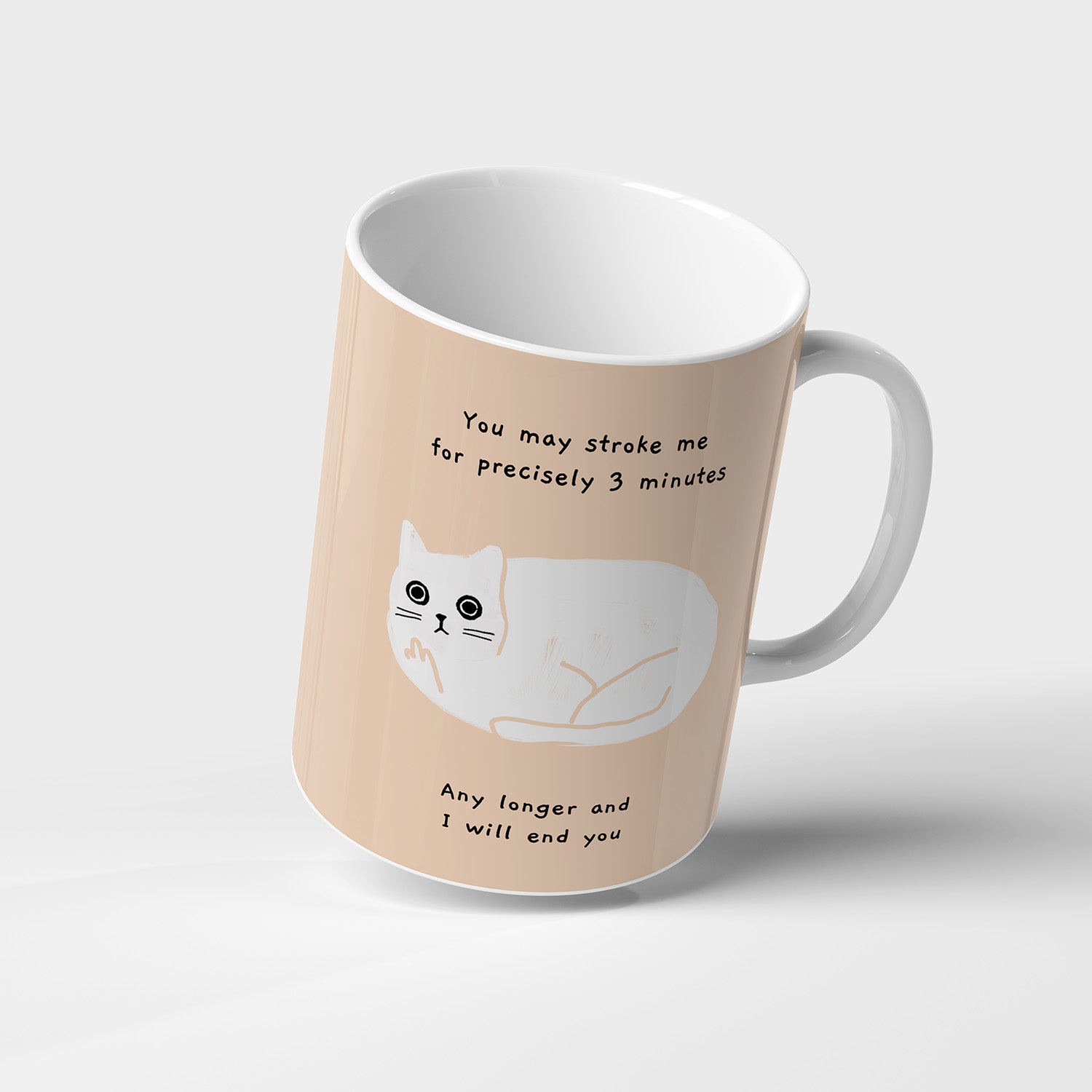 Ken the cat you may stroke me for precisely 3 minutes, any longer and I will end you funny ceramic mug with all over print - Funny Cat Mug in Coral
