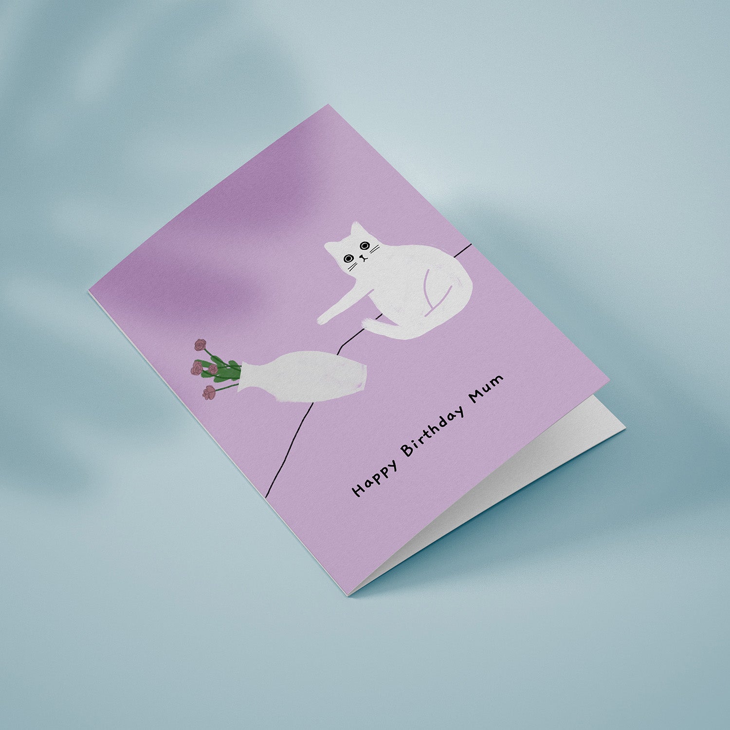 Ken the cat funny birthday card for Mum in purple - pushing over flower vase