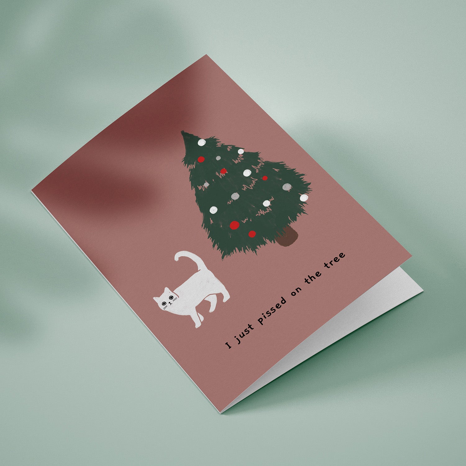 Ken the Cat Red 5x7" Christmas Card - I just pissed on the tree on green background