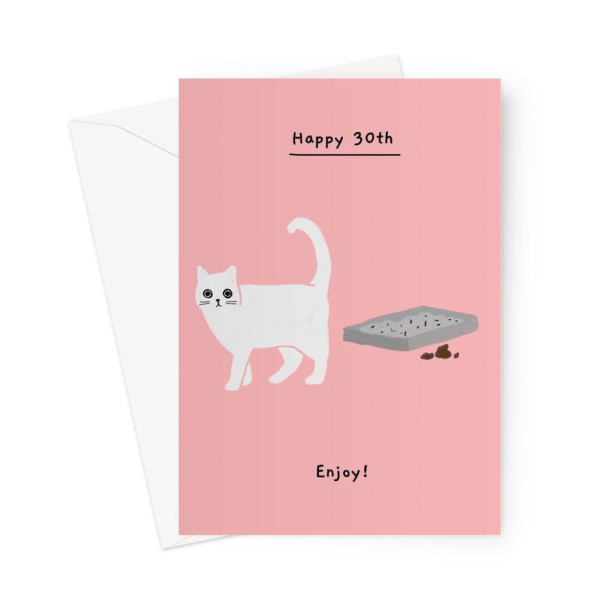 Ken the cat with poo next to litter tray - 30th birthday card in pink