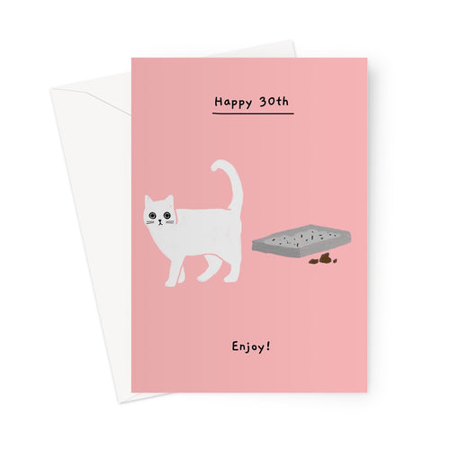 Ken the cat with poo next to litter tray - 30th birthday card in pink