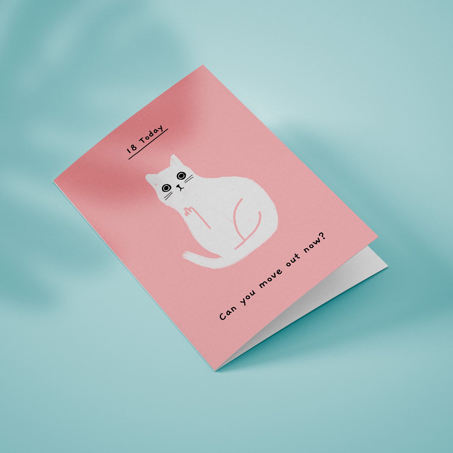 Ken the Cat funny 18th birthday card in pink - move out now