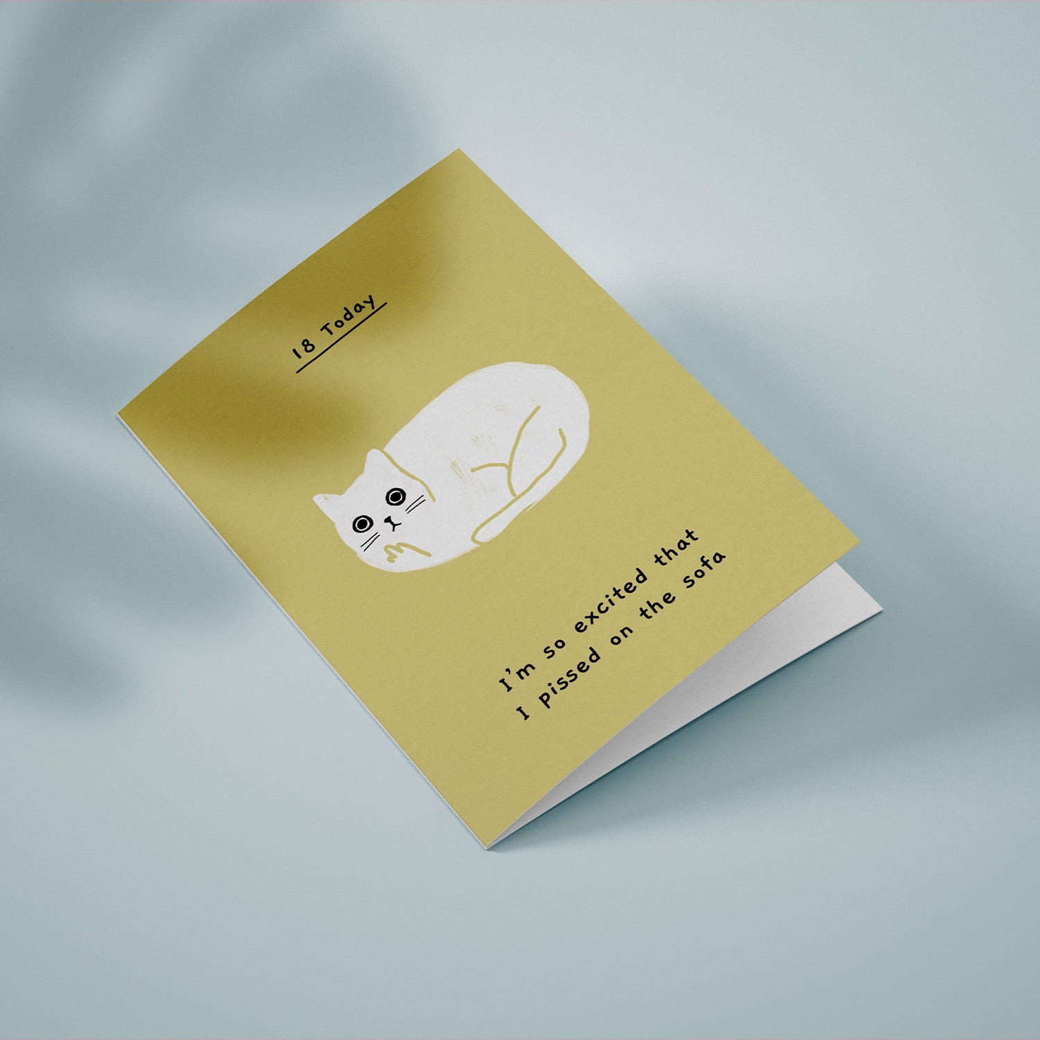 Ken the cat funny 18th birthday card in yellow - I'm so excited I pissed on the sofa