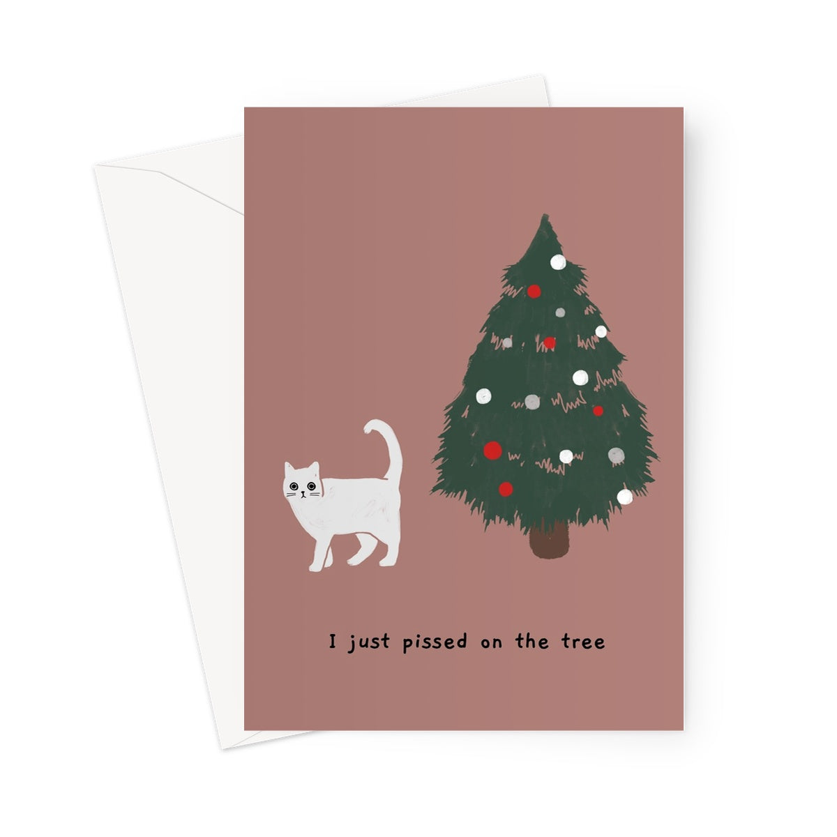 Ken the Cat Red 5x7" Christmas Card - I just pissed on the tree, Ken walking away from tree