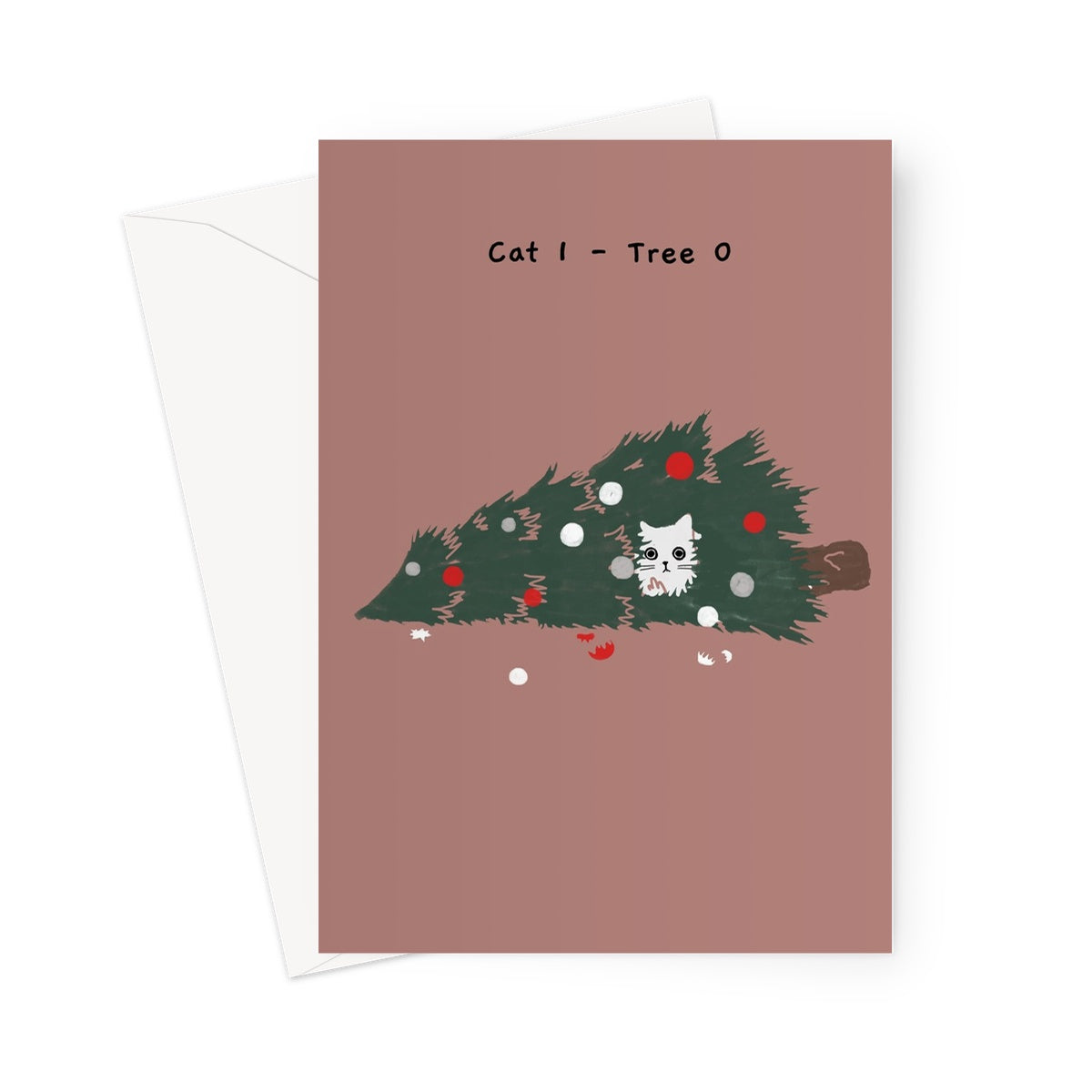 Ken the Cat funny Christmas card for cat lovers - Cat 1 - Tree 0, Ken in fallen Christmas tree