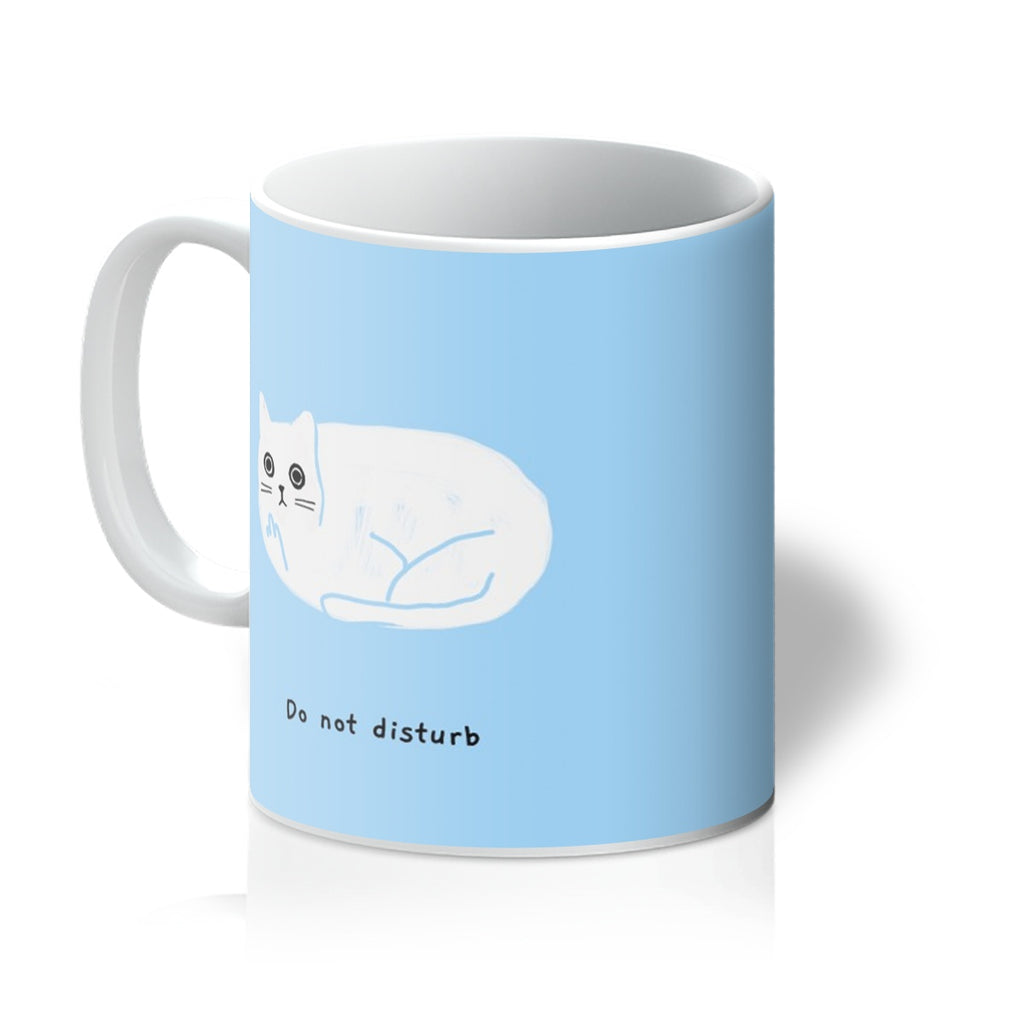 Ken the Cat do not disturb blue ceramic mug with all over print