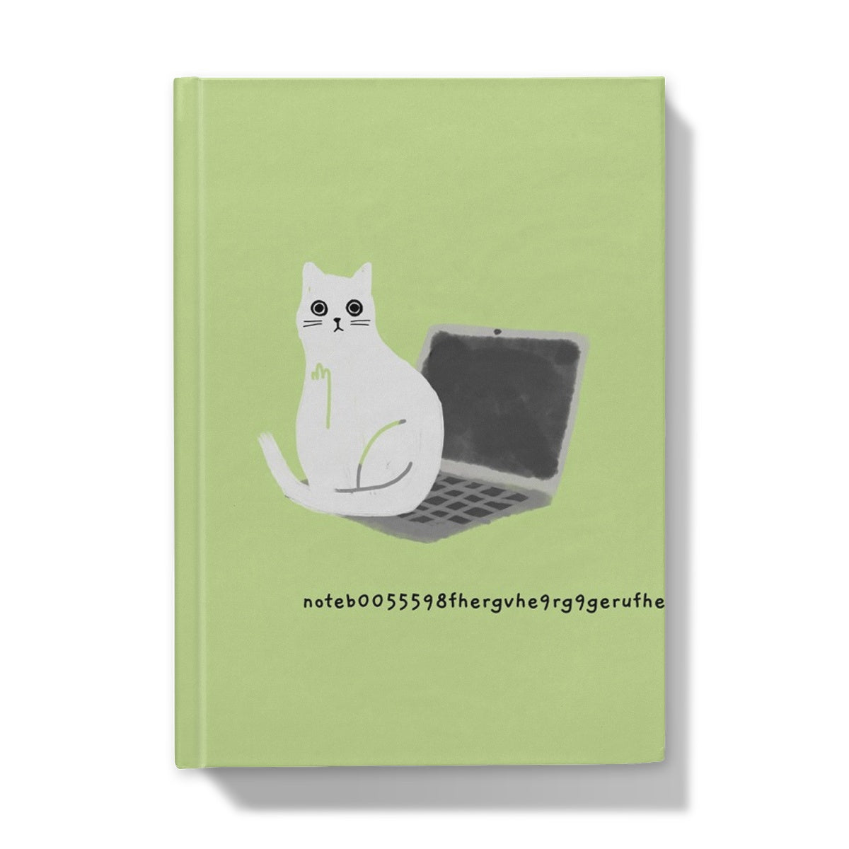 Ken the Cat sitting on laptop with notebook typo green A5 hardback journal front cover