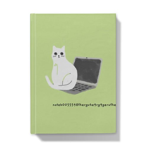Ken the Cat sitting on laptop with notebook typo green A5 hardback journal front cover
