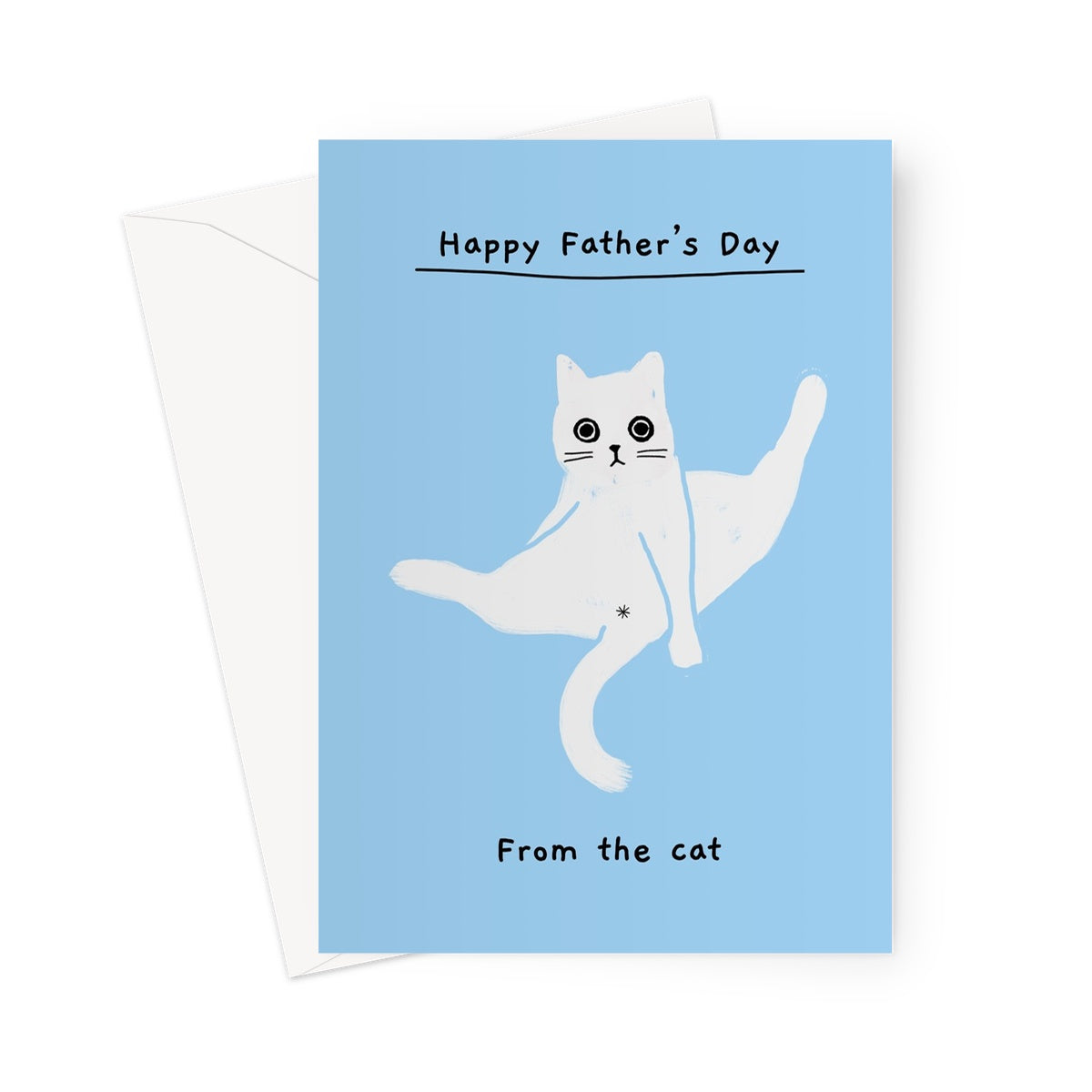 Ken the cat Father's Day card - Happy Father's Day From the Cat - Ken sitting sprawled with legs up on blue background
