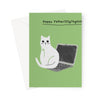 Ken the cat Father&#39;s Day card - Laptop typo - Ken sitting on laptop on green background