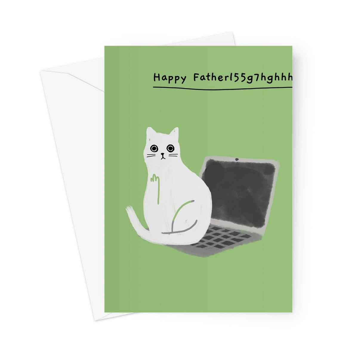 Ken the cat Father's Day card - Laptop typo - Ken sitting on laptop on green background