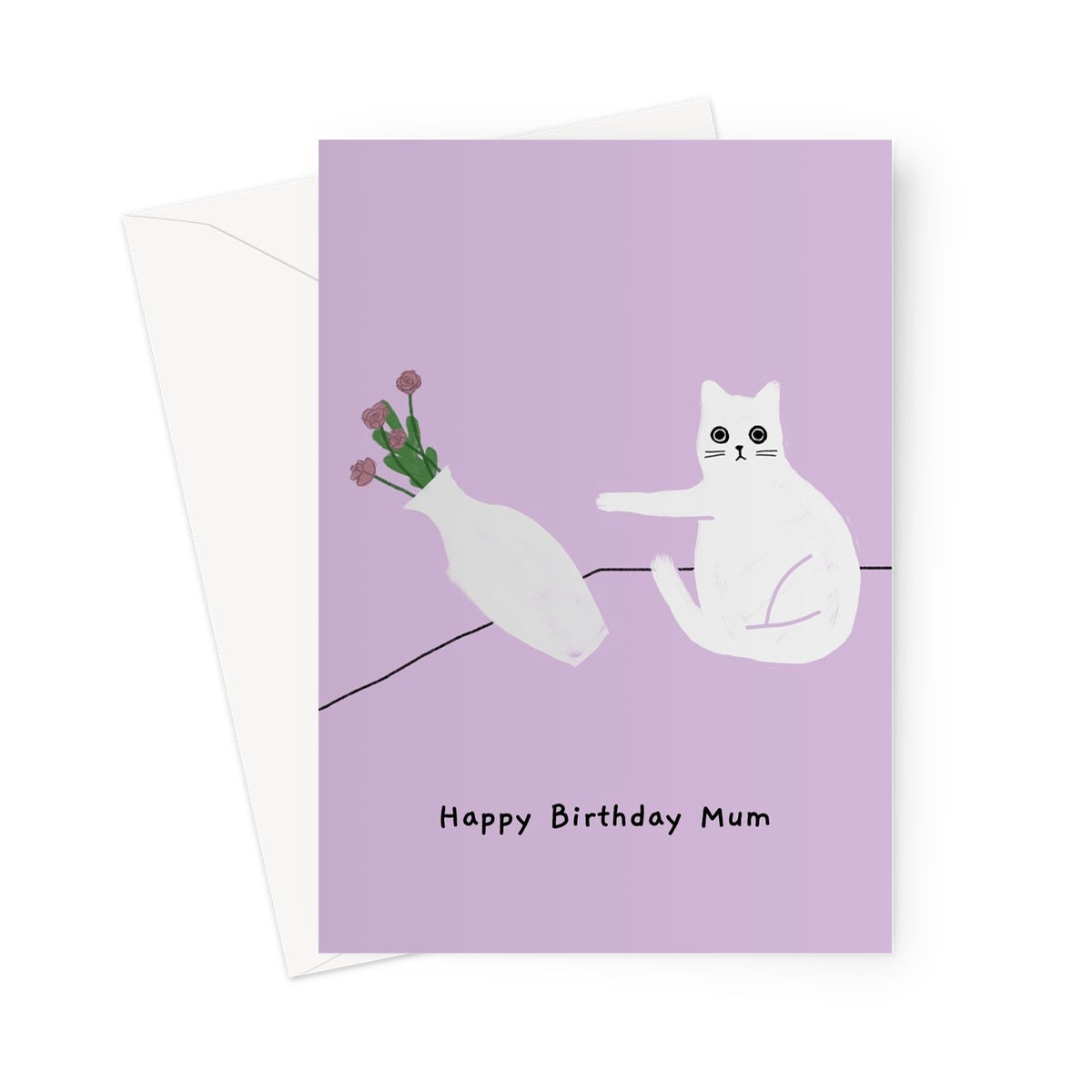 Ken the cat funny birthday card for Mum in purple - pushing over flower vase