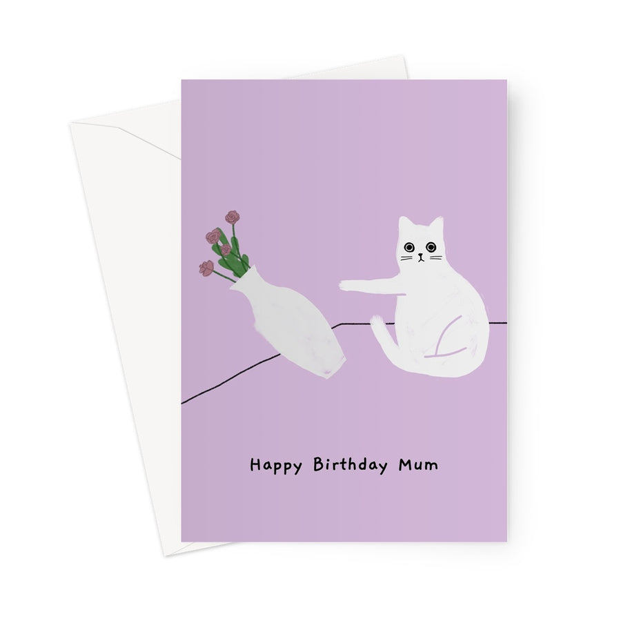 Ken the cat funny birthday card for Mum in purple - pushing over flower vase