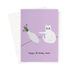 Ken the cat funny birthday card for Mum in purple - pushing over flower vase