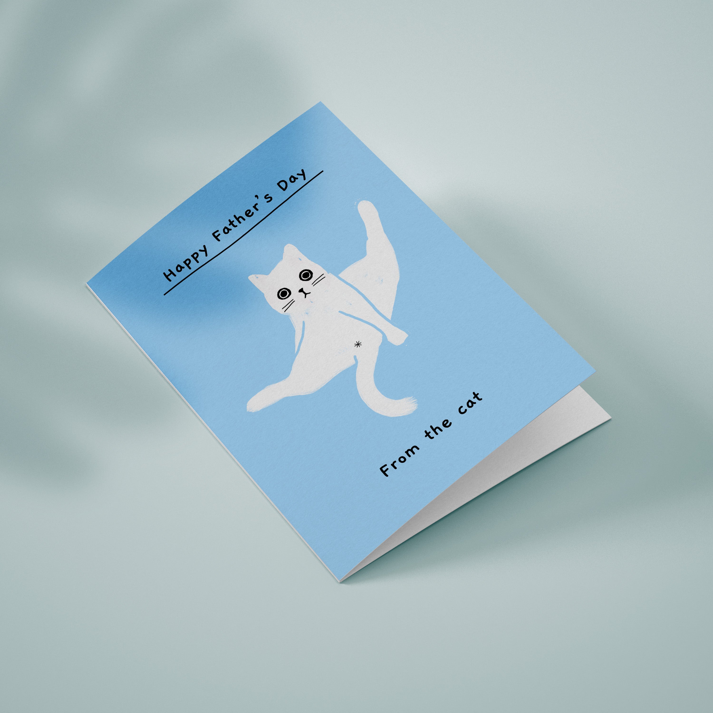 Ken the cat Father's Day card - Happy Father's Day From the Cat - Ken sitting sprawled with legs up on blue background