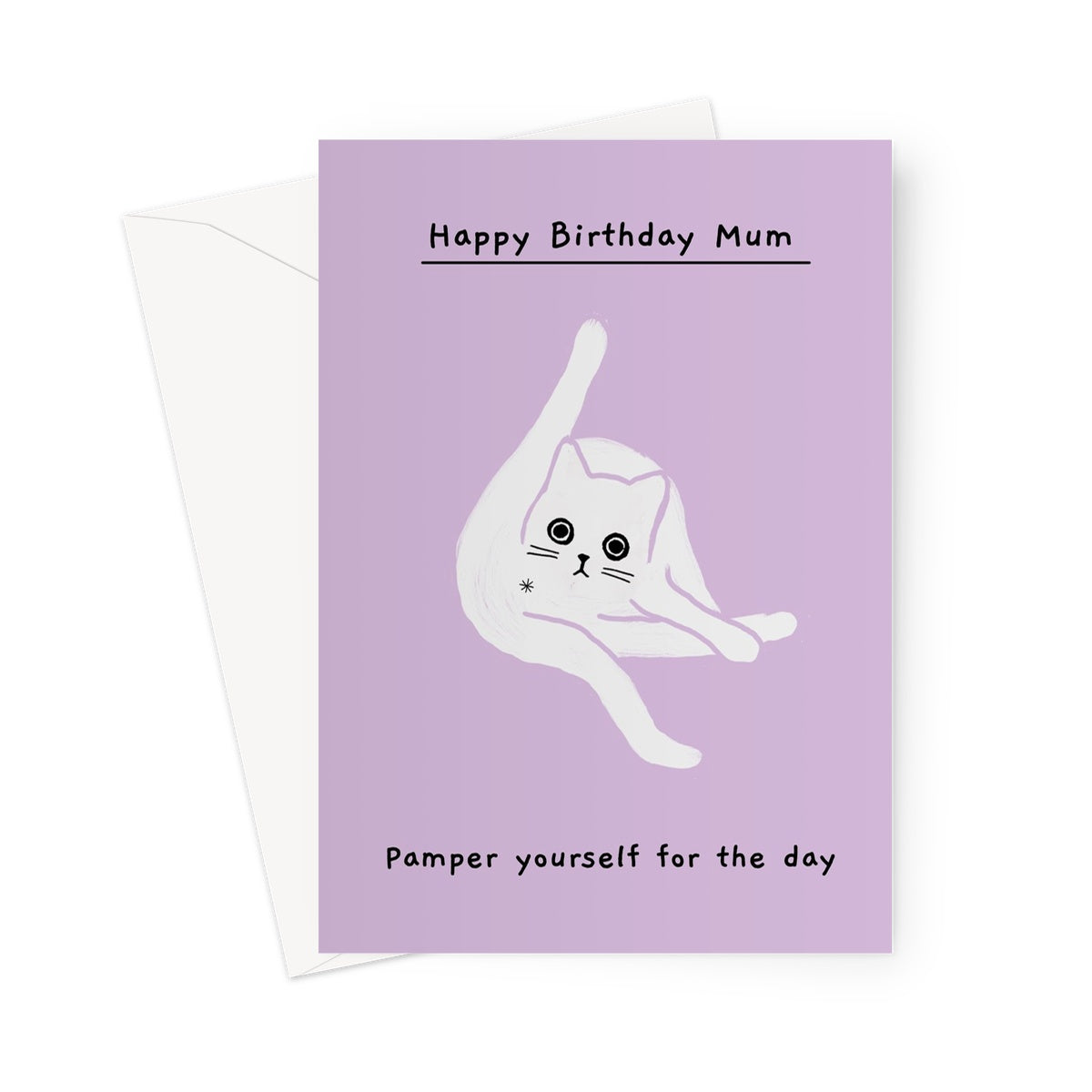 Ken the cat funny birthday card for Mum in purple - pamper yourself