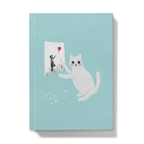 Ken the Cat scratching up Banksy artwork blue A5 hardback journal front cover