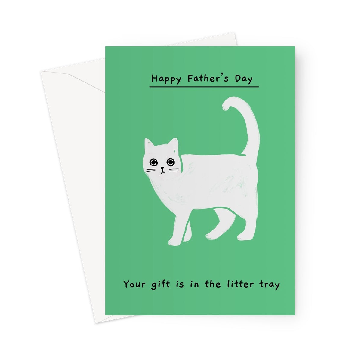 Ken the cat Father's Day card - Your gift is in the litter tray - Ken walking on green background