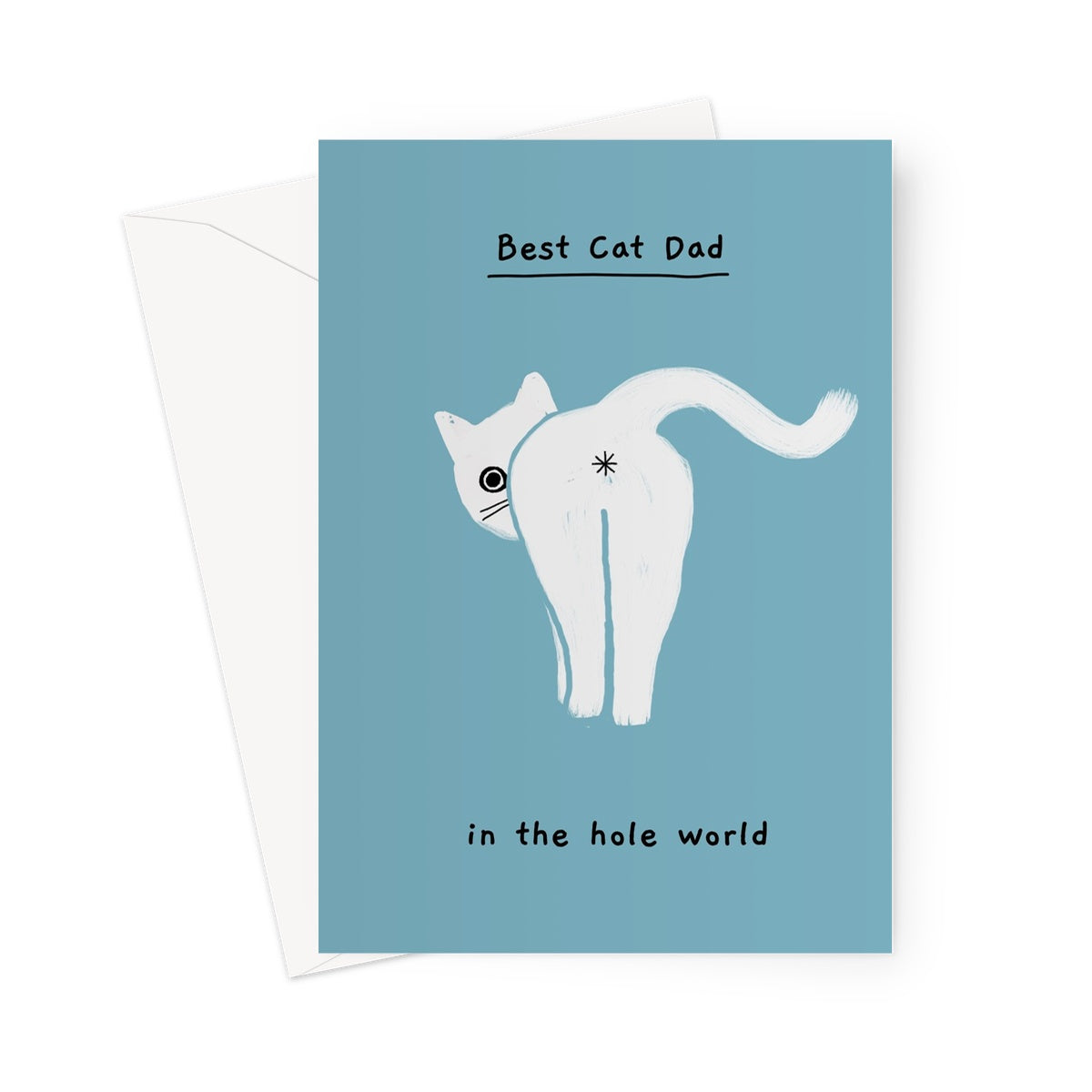 Ken the cat Father's Day card - Best cat Dad in the hole world - Ken looking behind him on teal background