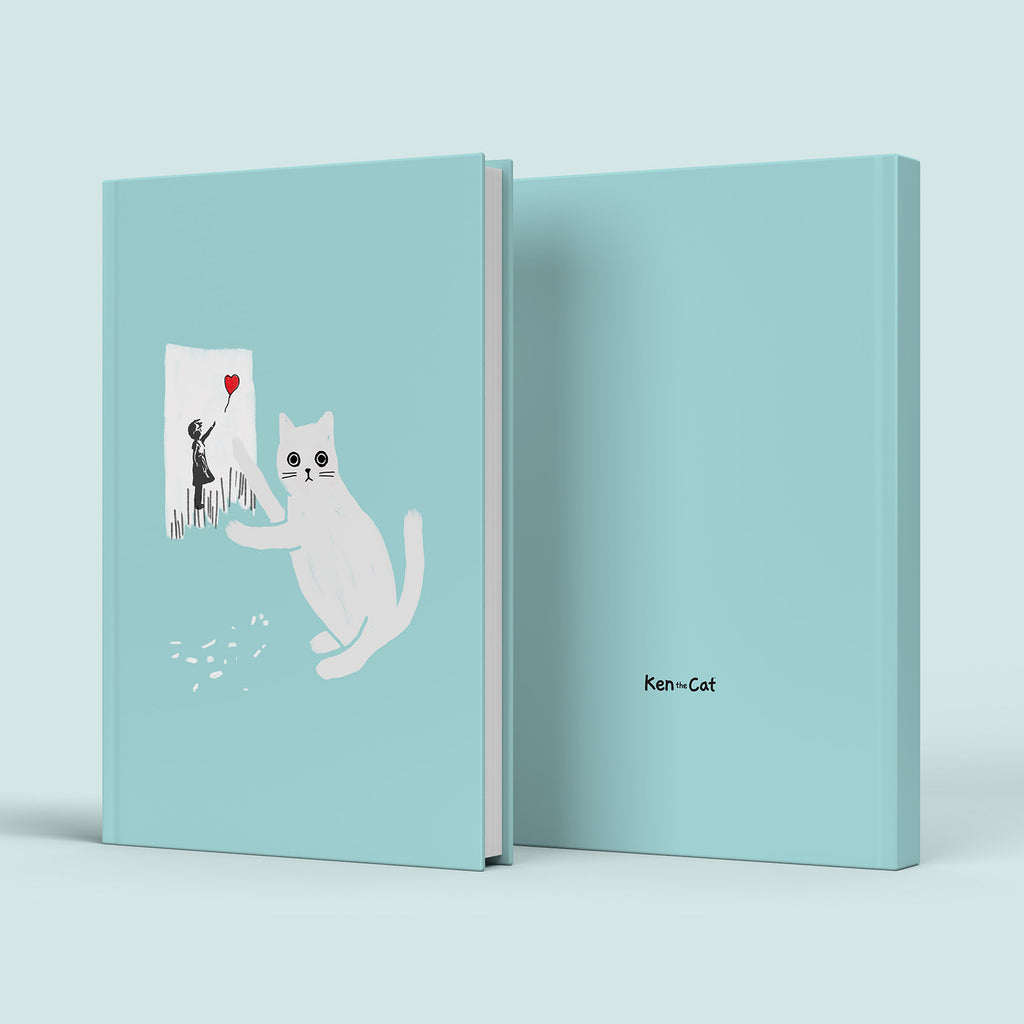 Ken the Cat scratching up Banksy artwork blue A5 hardback journal front and back