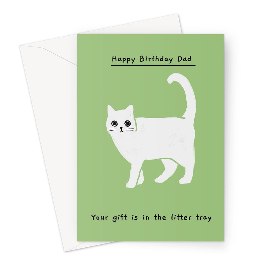 Ken the cat funny birthday card for Dad in green - your gift is in the litter tray 