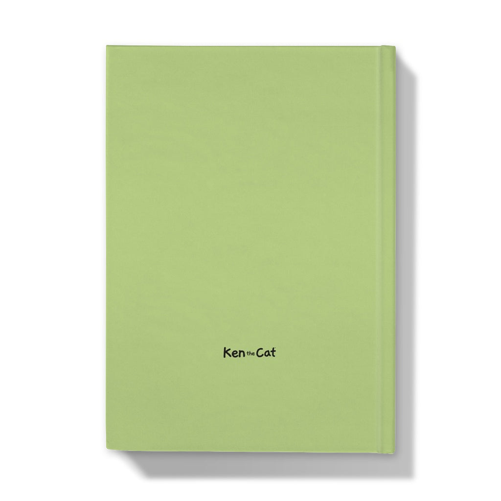 Ken the Cat sitting on laptop with notebook typo green A5 hardback journal back cover