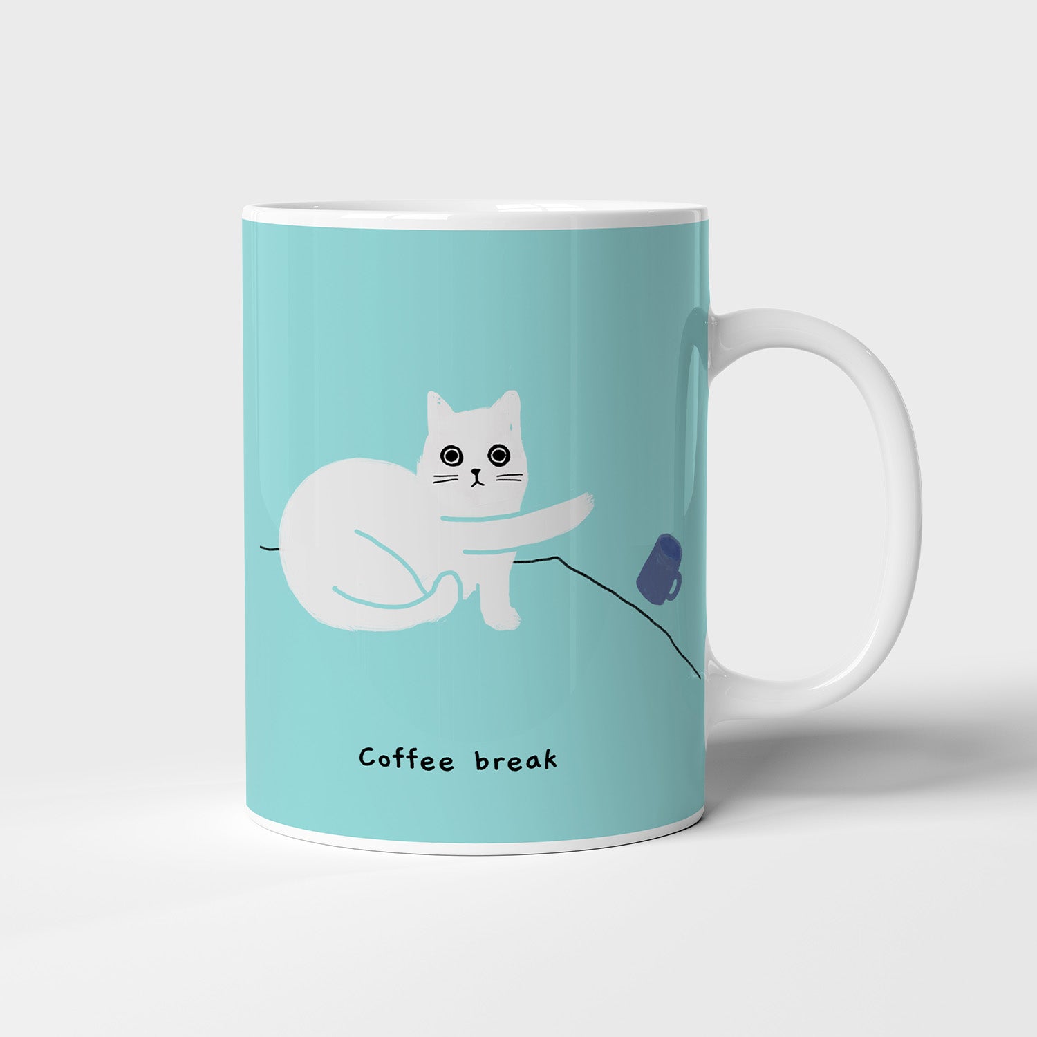 Ken the Cat pushing over mug coffee break blue ceramic mug