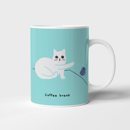 Ken the Cat pushing over mug coffee break blue ceramic mug