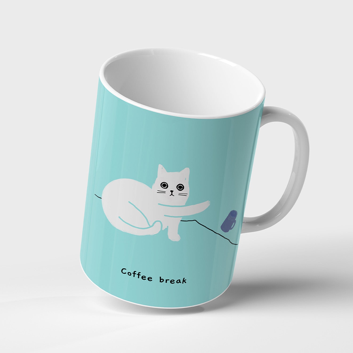Ken the Cat pushing over mug coffee break blue ceramic mug