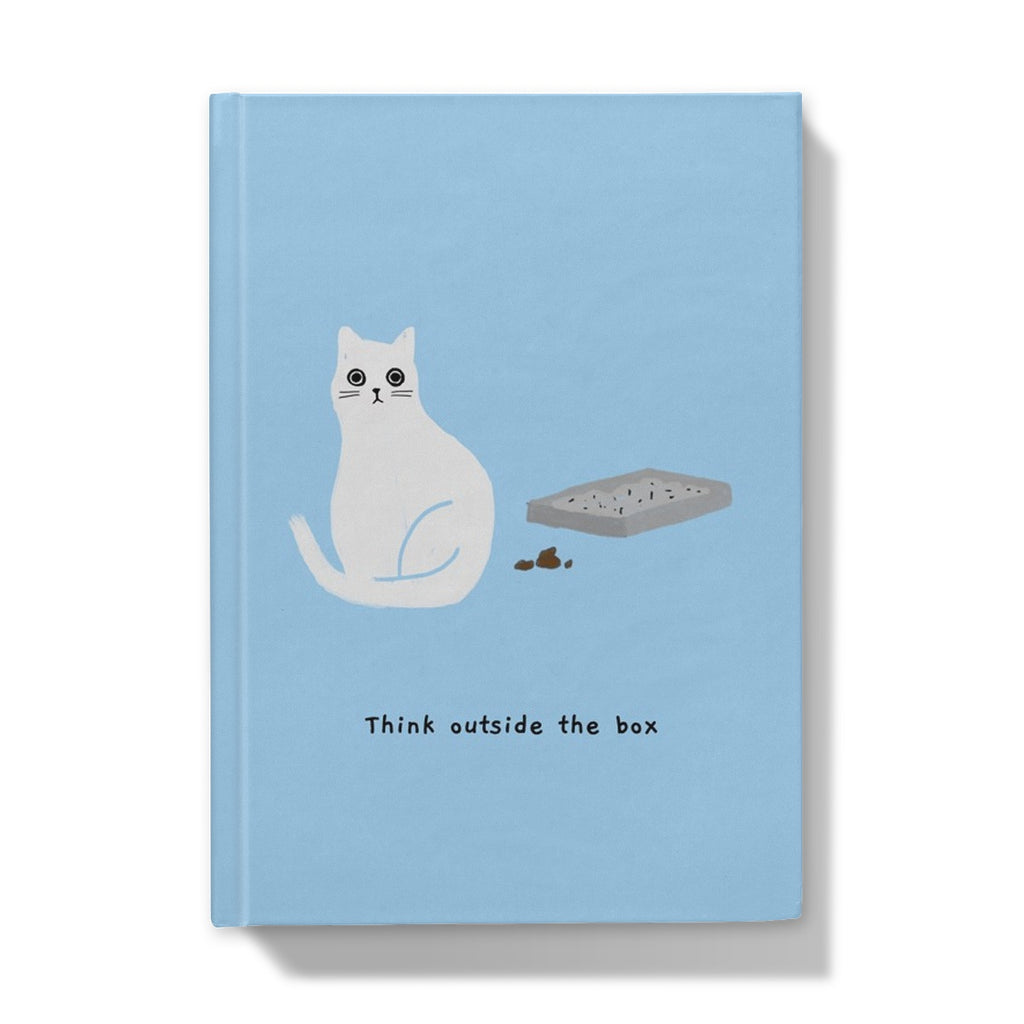 Ken the Cat think outside the box with litter tray blue A5 hardback journal front cover