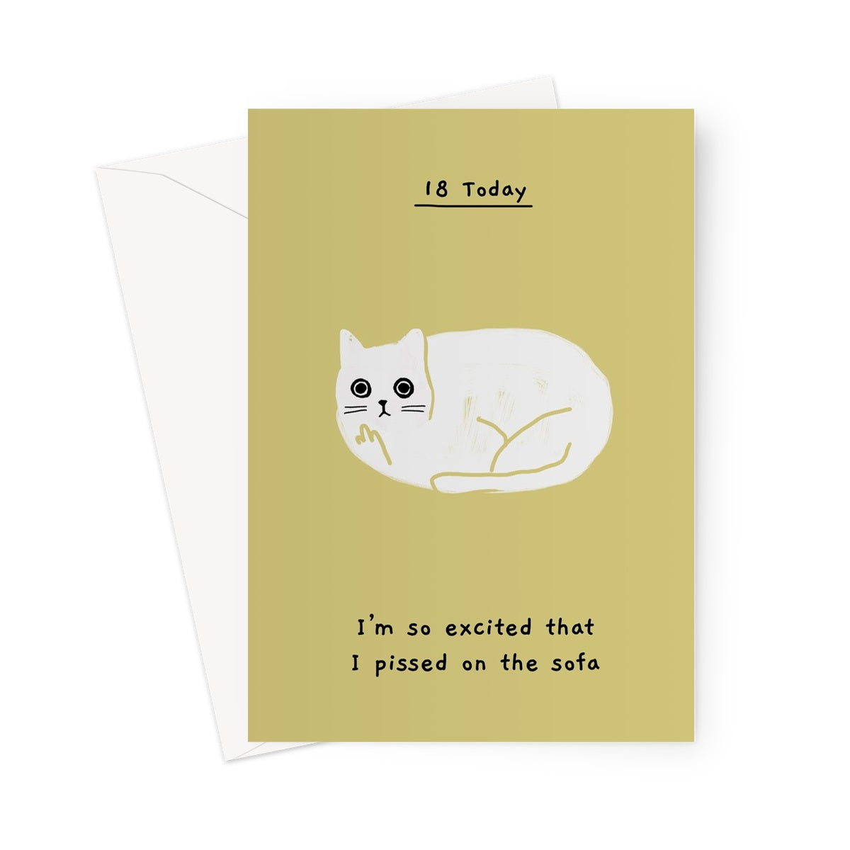 Ken the cat funny 18th birthday card in yellow - I'm so excited I pissed on the sofa