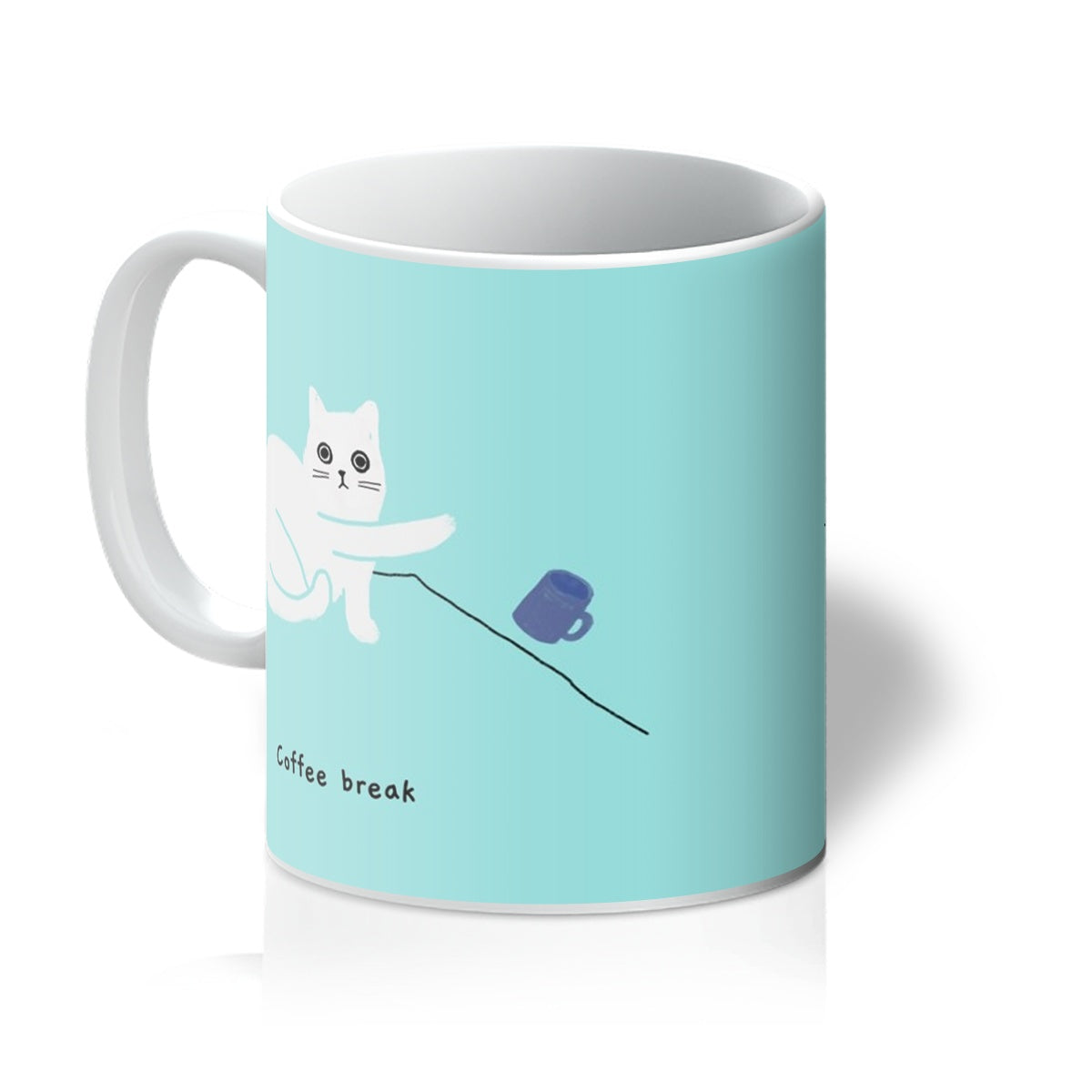 Ken the Cat pushing over mug coffee break blue ceramic mug