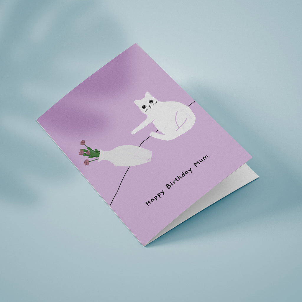 Ken the cat funny birthday card for Mum in purple - pushing over flower vase