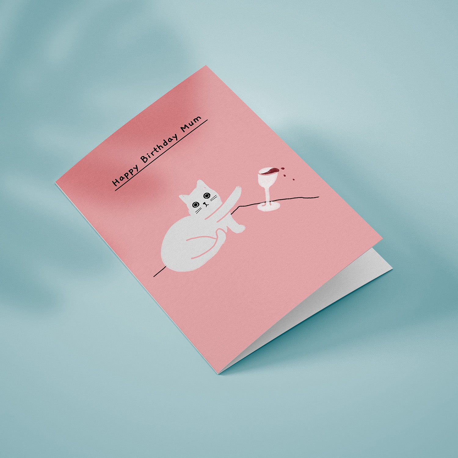 Ken the cat funny birthday card for Mum in pink - Ken pushing over wine glass
