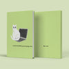 Ken the Cat sitting on laptop with notebook typo green A5 hardback journal front and back