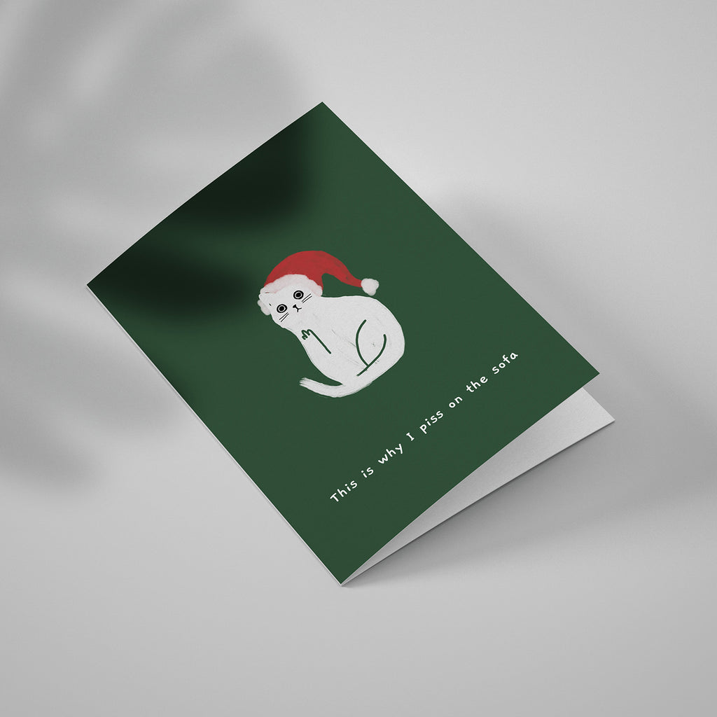 Ken the Cat funny Christmas card for cat lovers - This is why I piss on the sofa