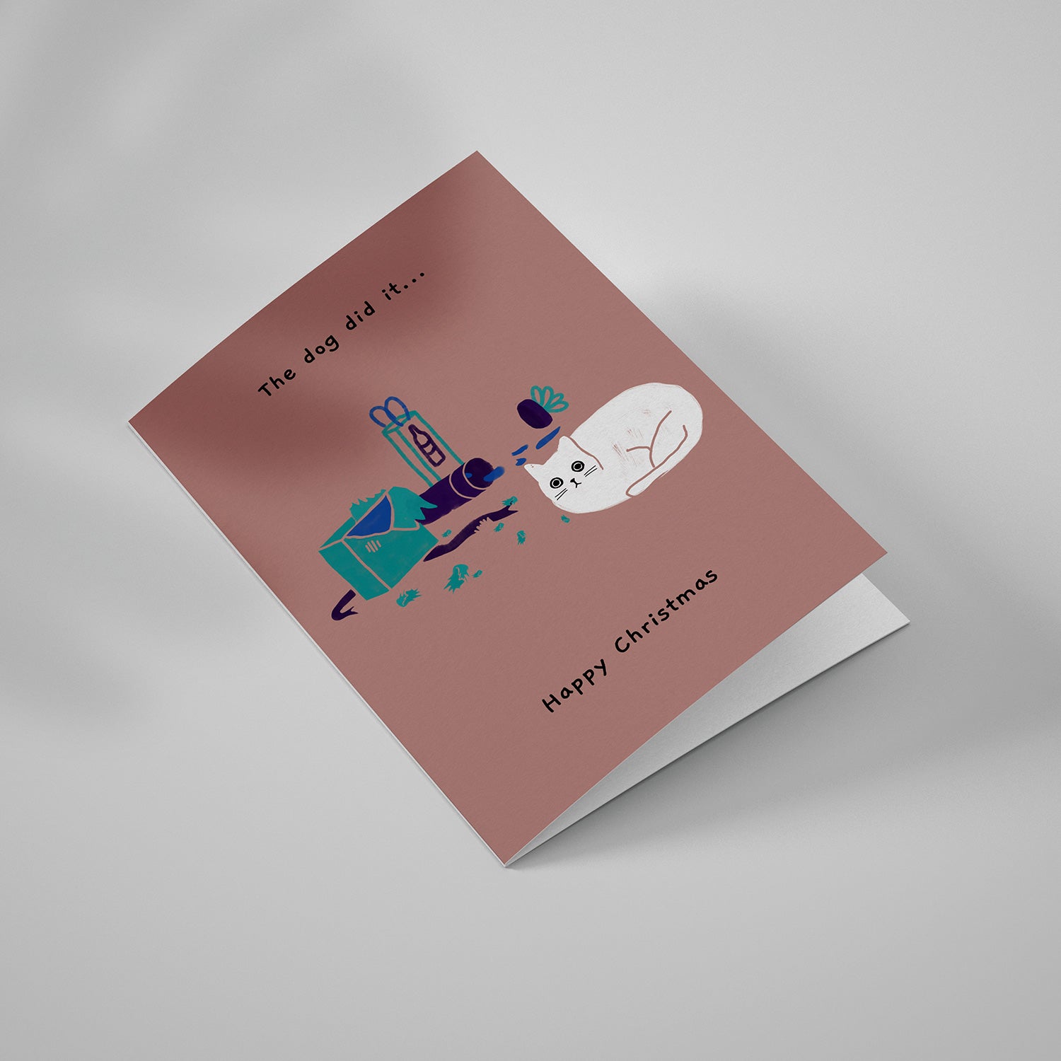 Ken the Cat funny Christmas card for cat lovers - the dog did it - unwrapped presents