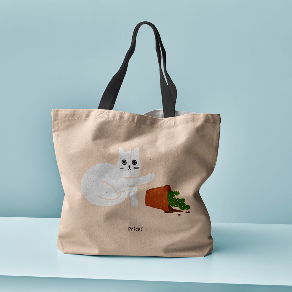 Ken the Cat pushing over cactus tote bag with caption ' Prick!' - durable eco friendly shopper with black handles