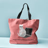 Ken the Cat sitting on laptop with shopping typo red canvas tote bag with black handles - durable eco friendly shopper