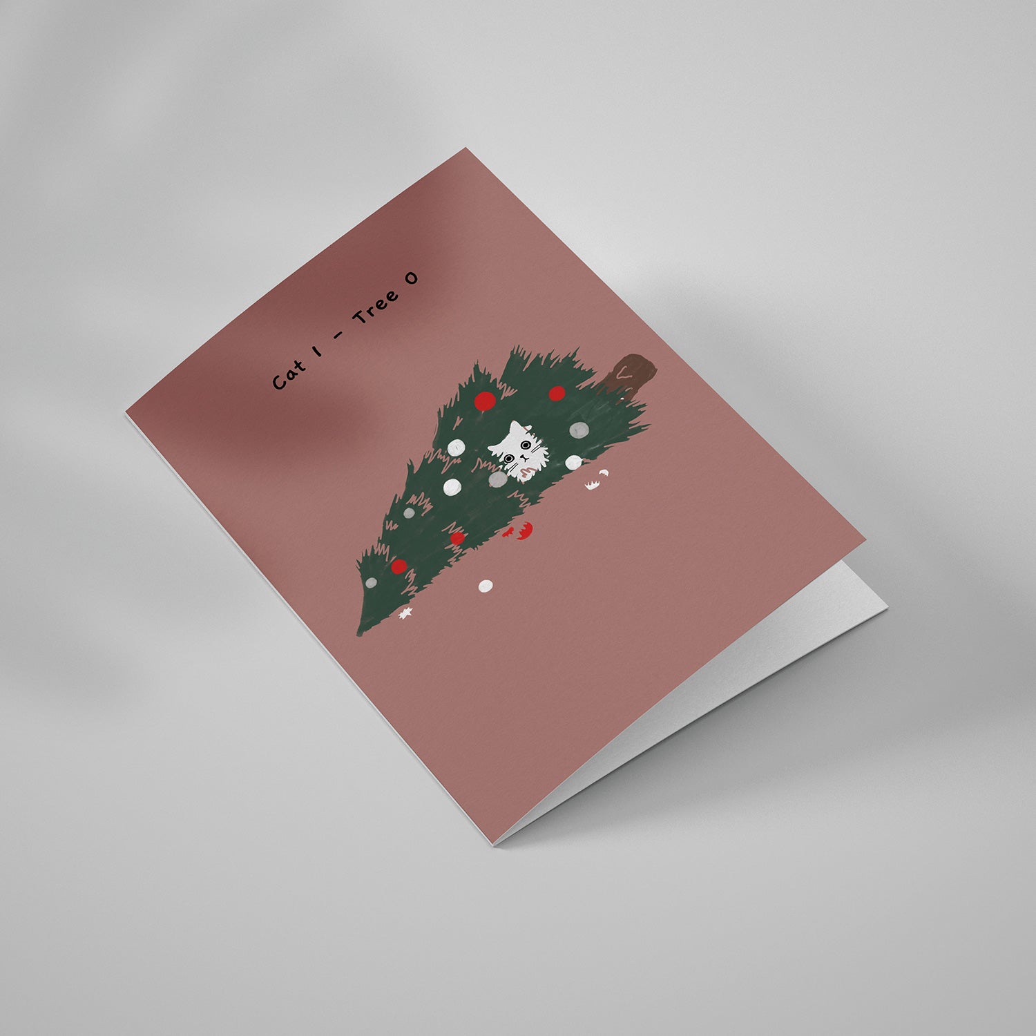 Ken the Cat funny Christmas card for cat lovers - Cat 1 - Tree 0, Ken in fallen Christmas tree